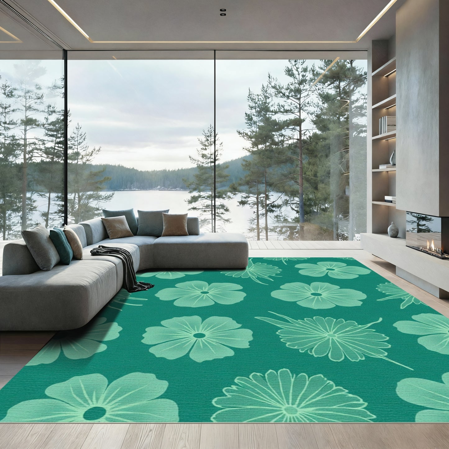 Teal Floral Medallion Pattern Rug
