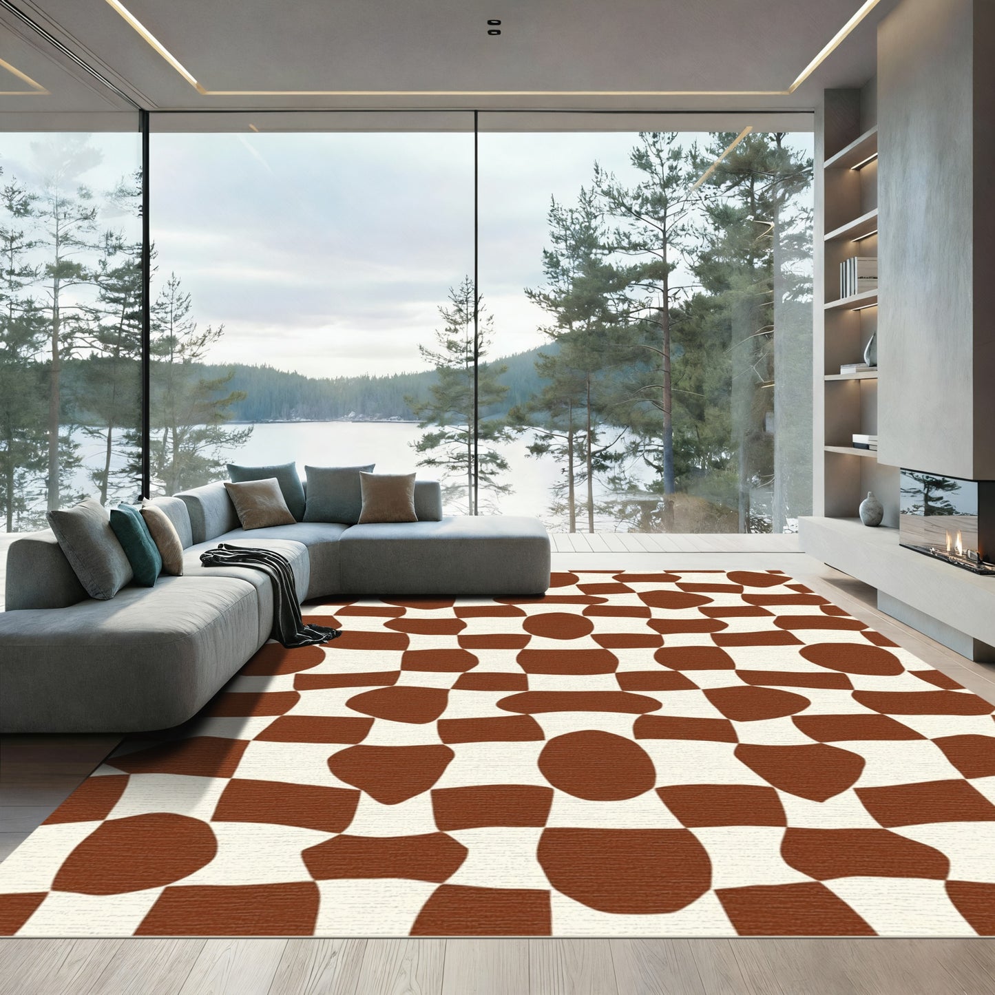 Retro Brown White Warped Checkered Rug