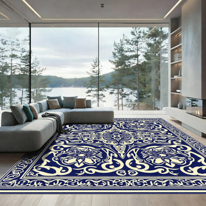 Navy Cream Elaborate Floral Scroll Rug