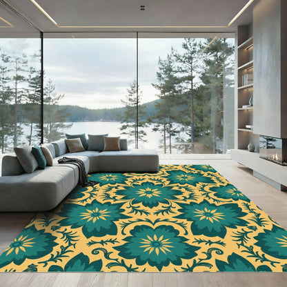 Teal Yellow Floral Medallion Arrangement Rug