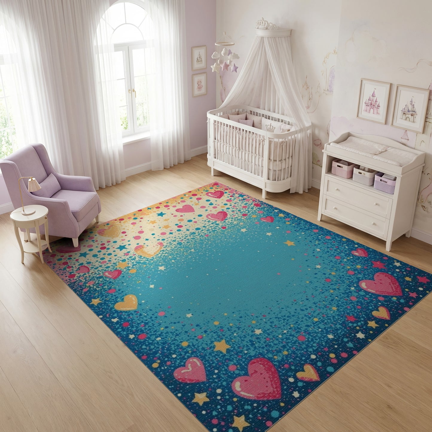 Whimsical Pink Hearts Stars Blue Rug