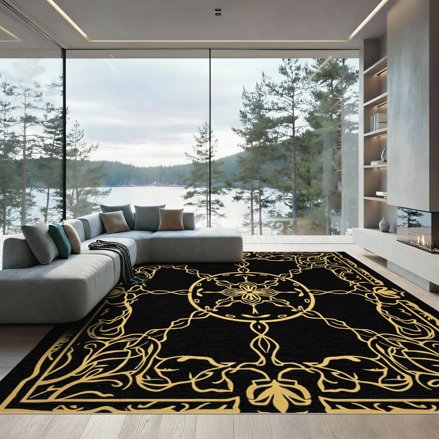Golden Art Nouveau Floral Scroll Rug