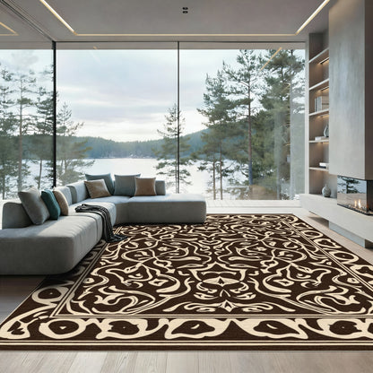 Dark Brown Cream Intricate Floral Border Rug