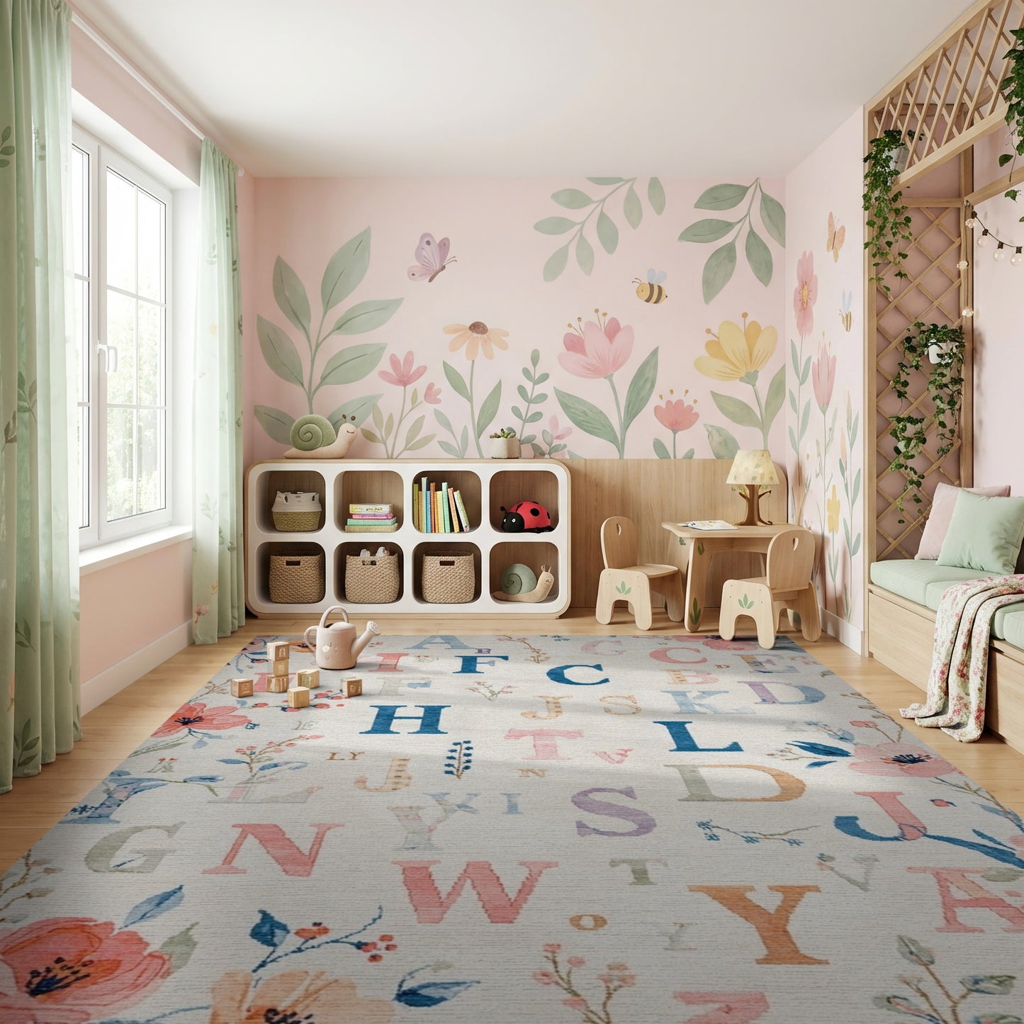 Whimsical Pastel Alphabet Floral Rug