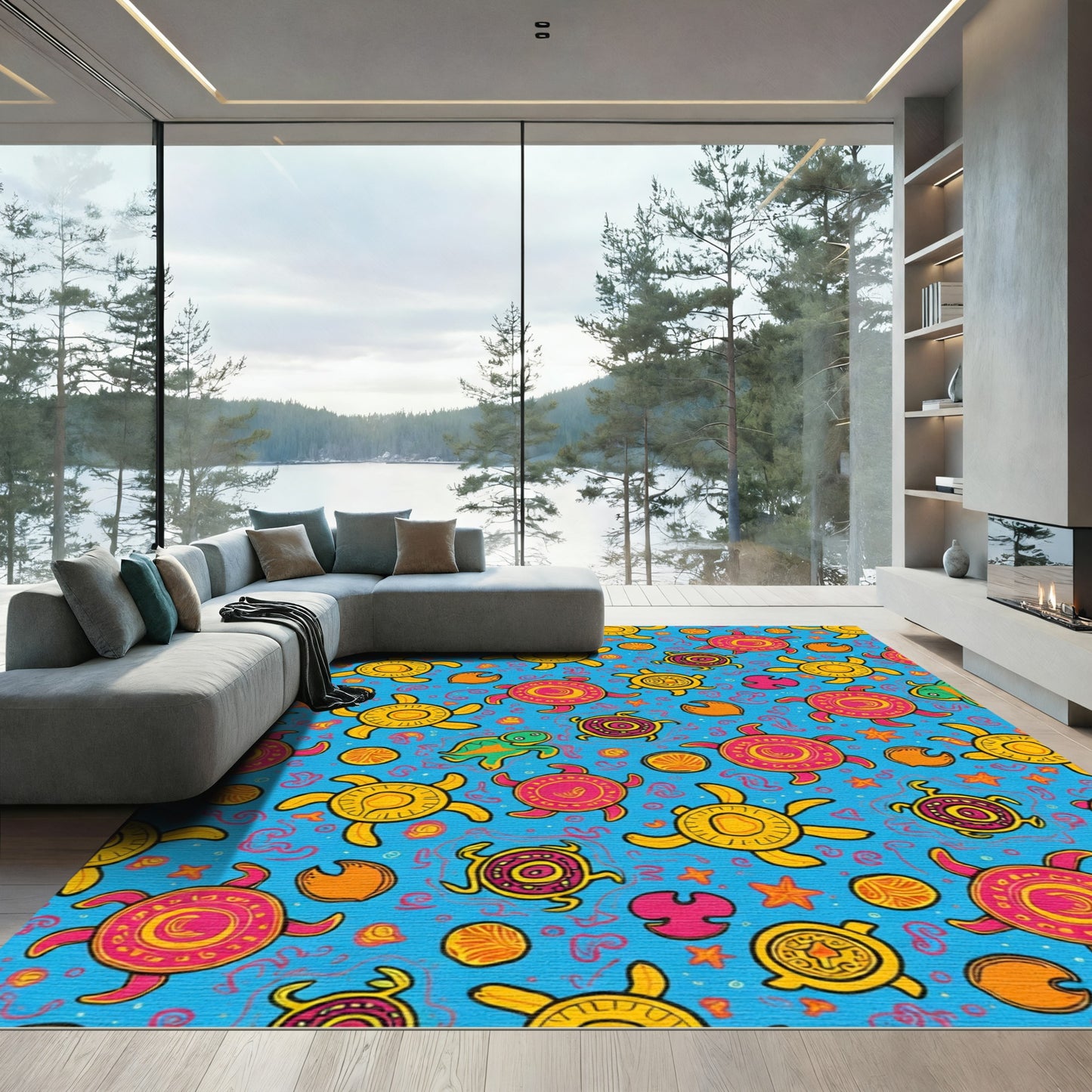 Bright Yellow Pink Turtle Theme Rug