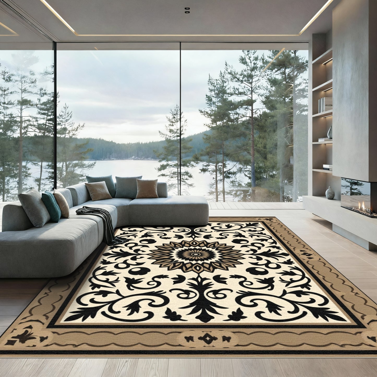 Brown and Gold Floral Medallion Rug