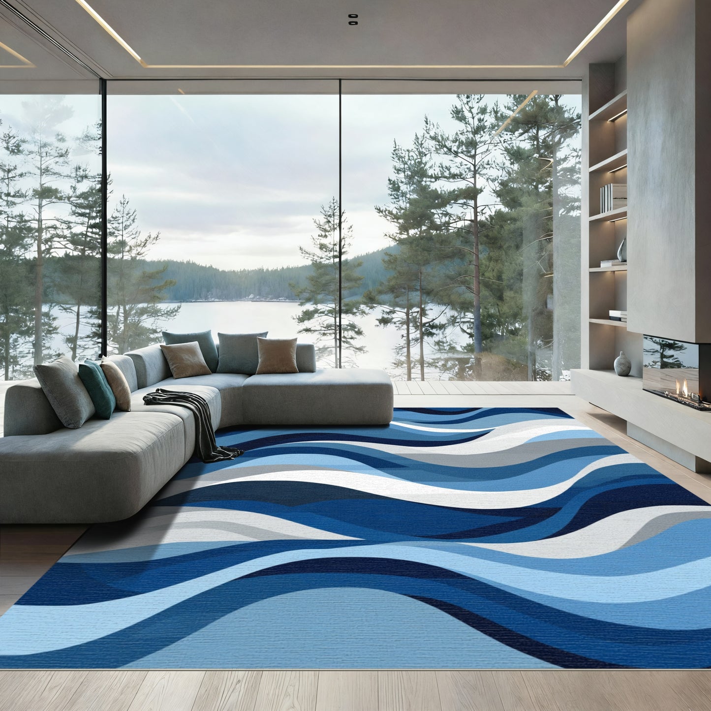 Abstract Blue Gradient Wave Rug