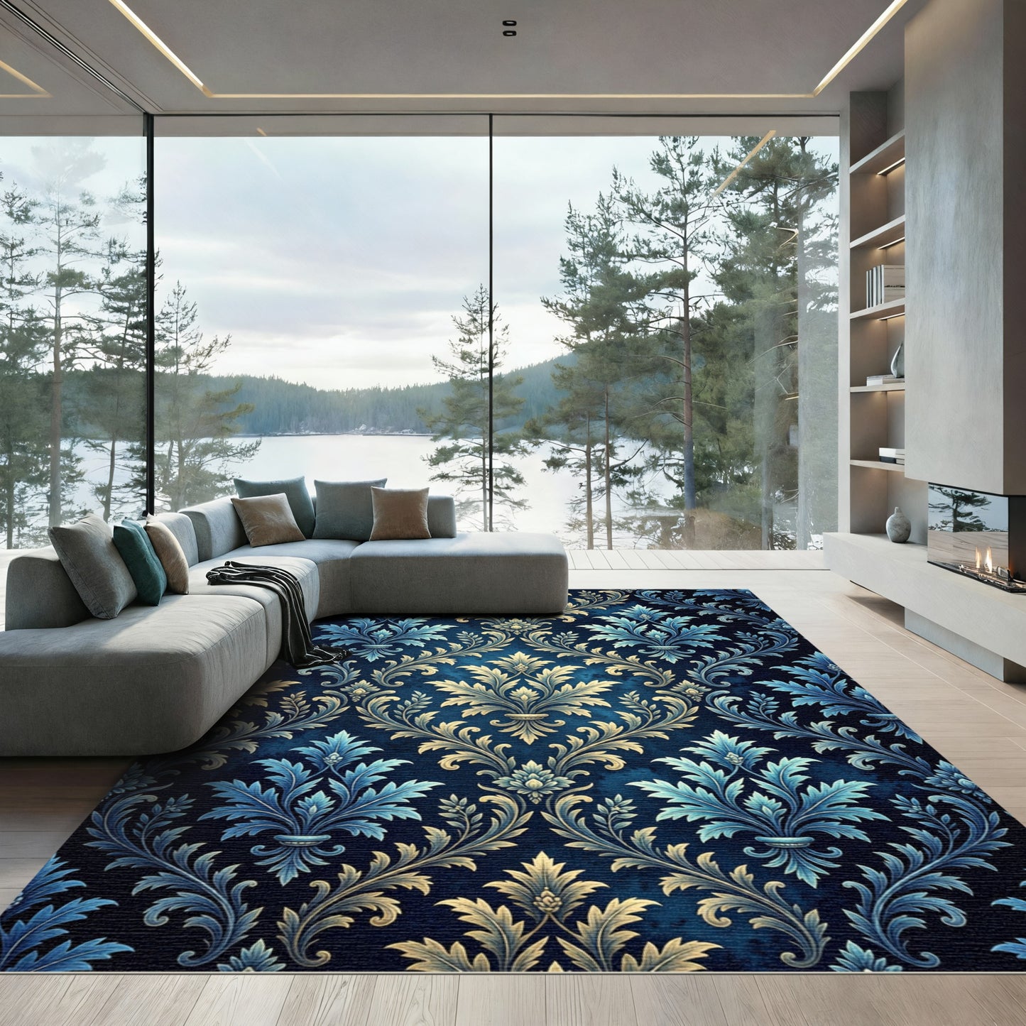 Damask Blue Gold Floral Ornament Rug