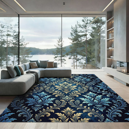 Damask Blue Gold Floral Ornament Rug
