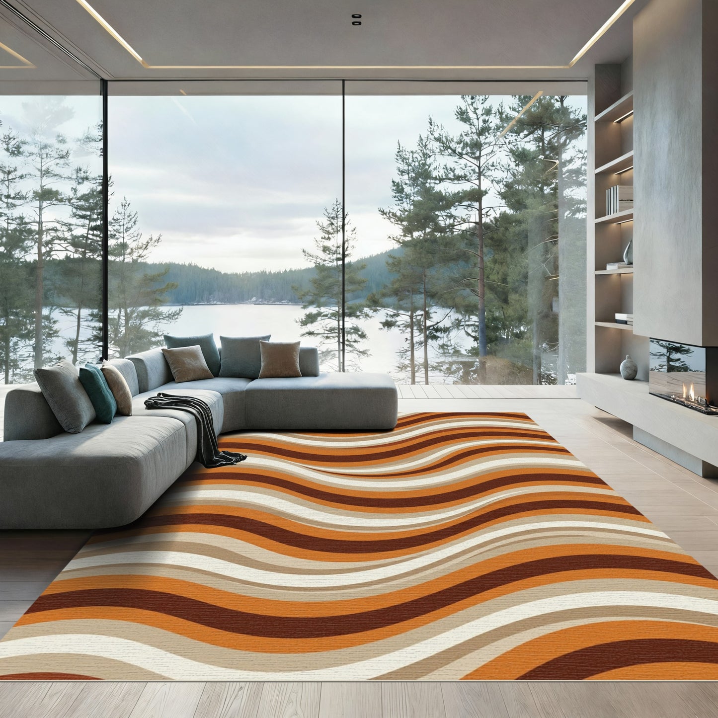 Earthy Retro Wavy Brown Striped Rug