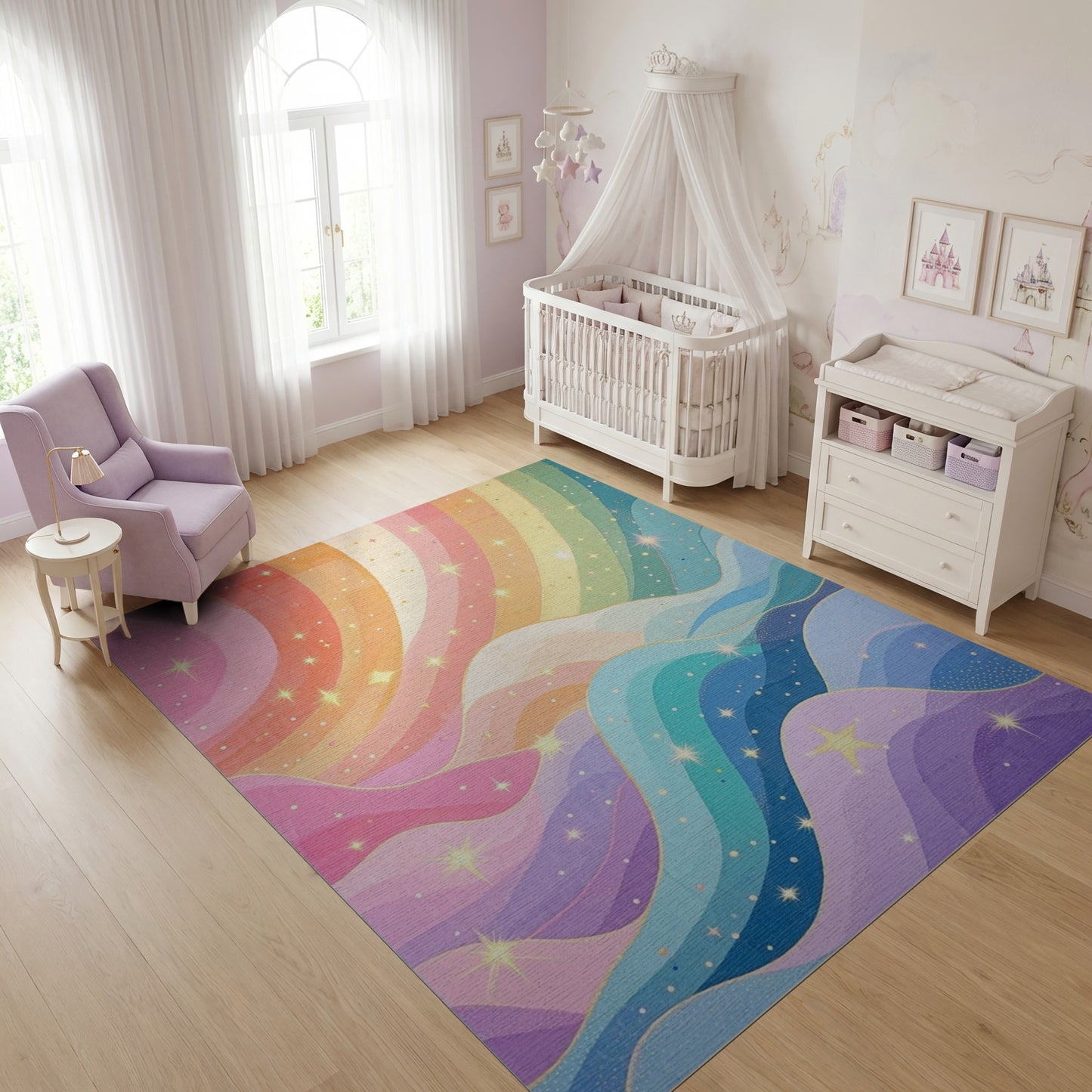 Whimsical Sparkling Rainbow Waves Rug