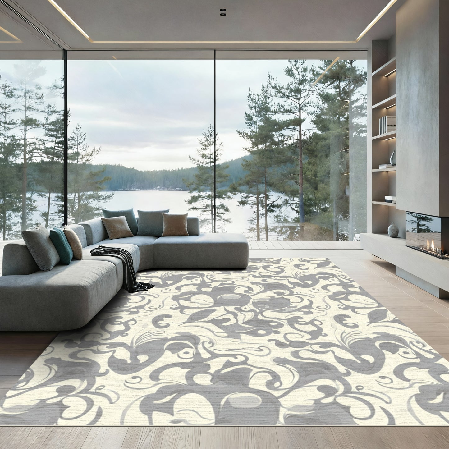 Elegant Gray Ivory Swirl Floral Rug