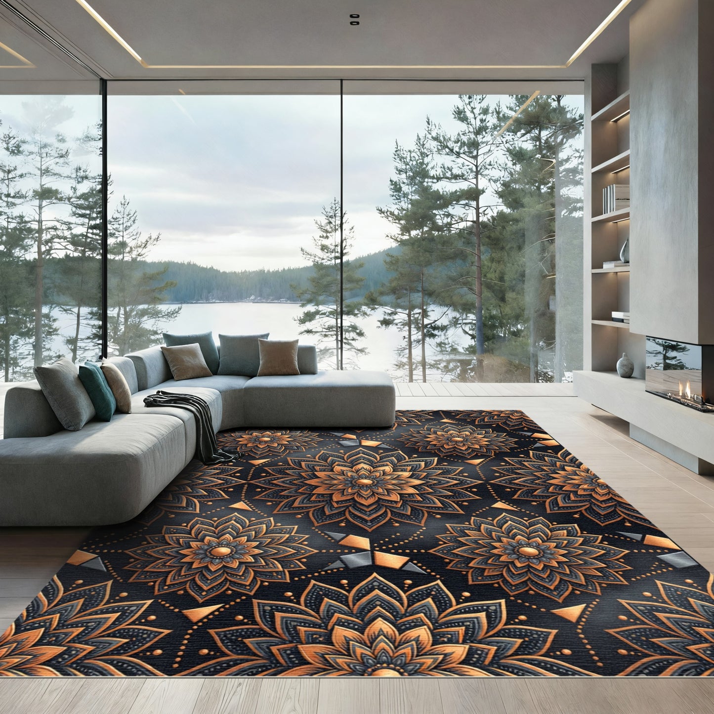 Ornate Orange Black Floral Mandala Rug