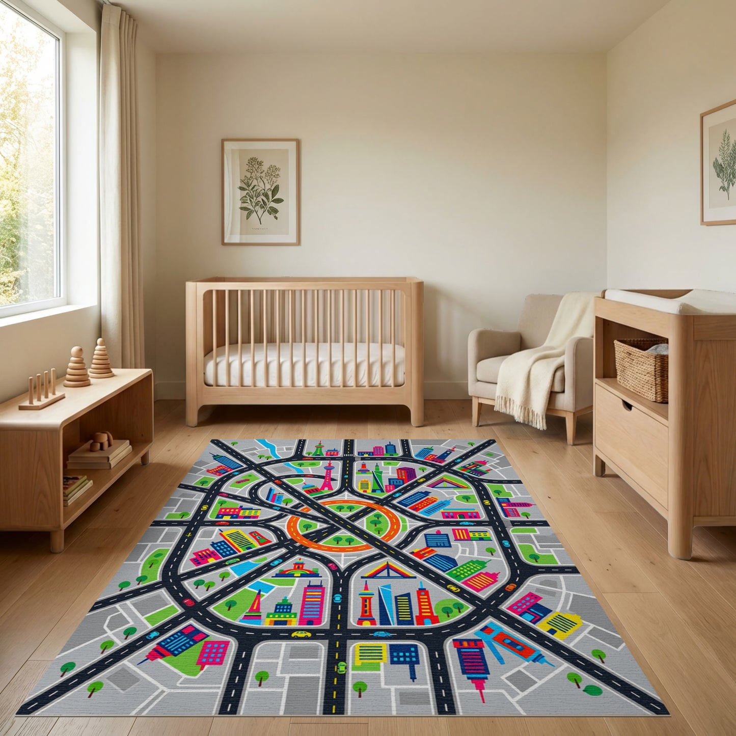 Vibrant City Streets Skyscrapers Rug