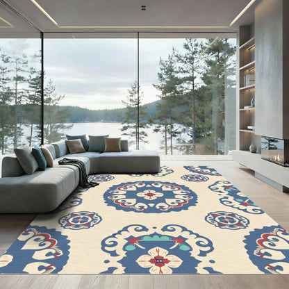Cream Navy Red Floral Medallion Rug