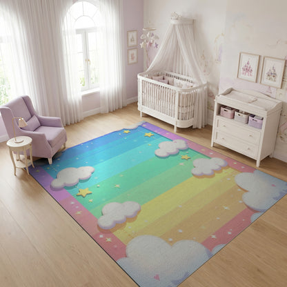 Dreamy Rainbow Fluffy Clouds Stars Rug