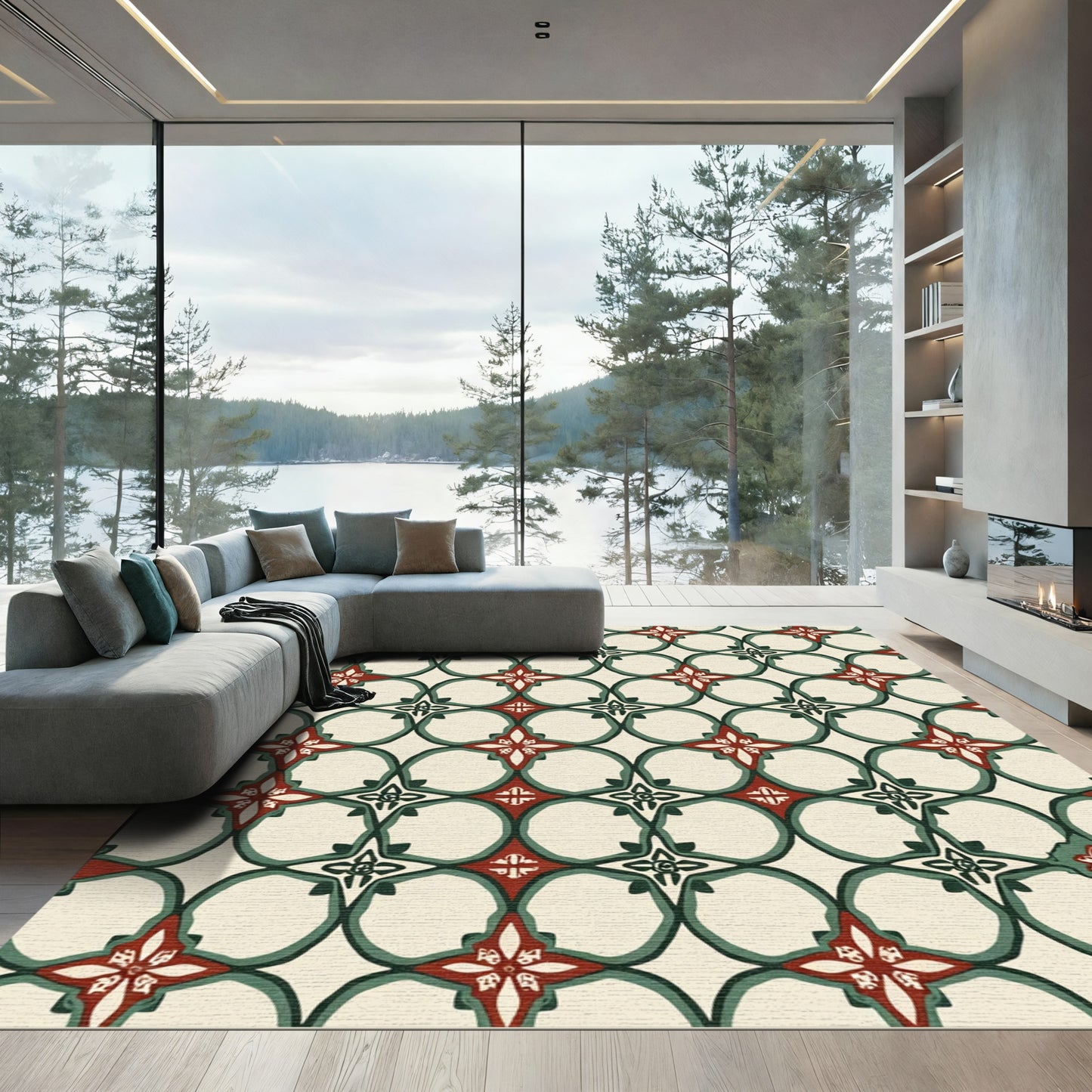 Crimson Green Interlocking Four-Petal Rug