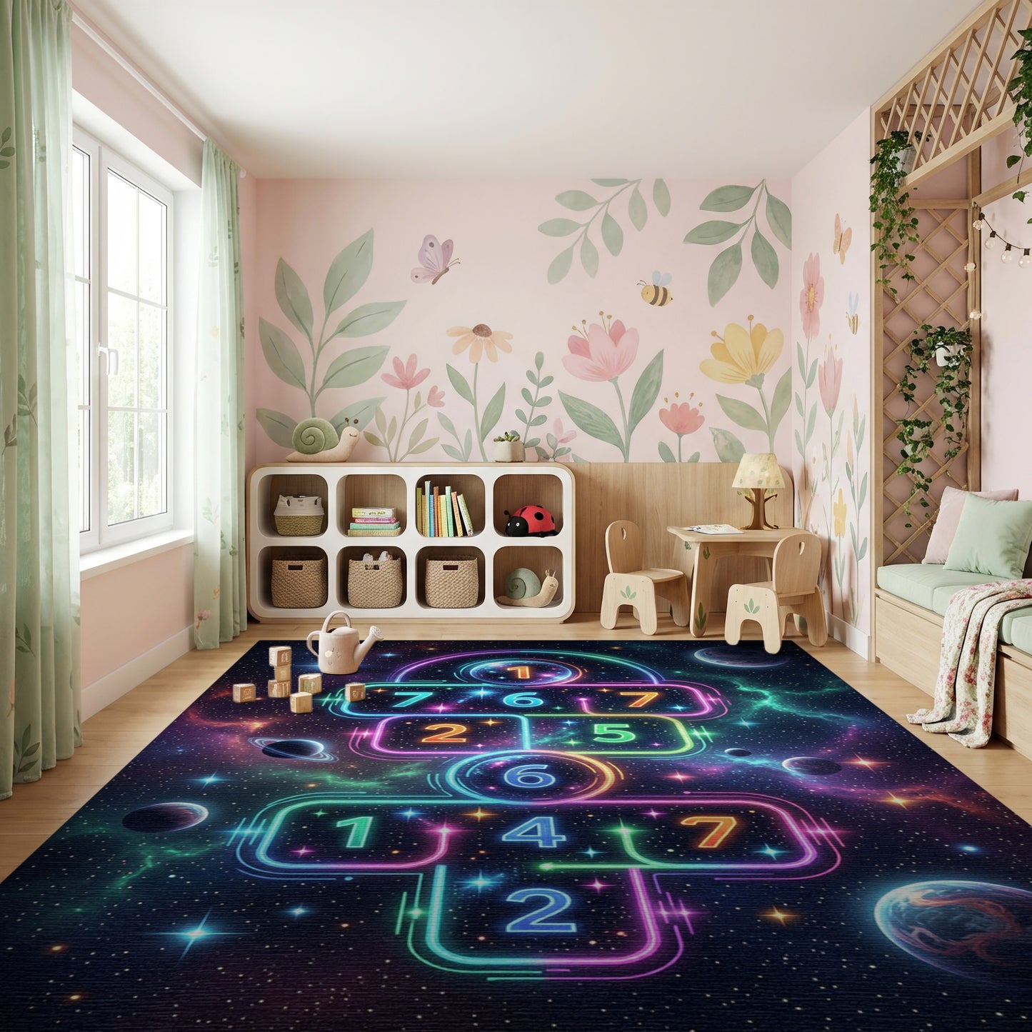 Neon Cosmic Hopscotch Galaxy Rug