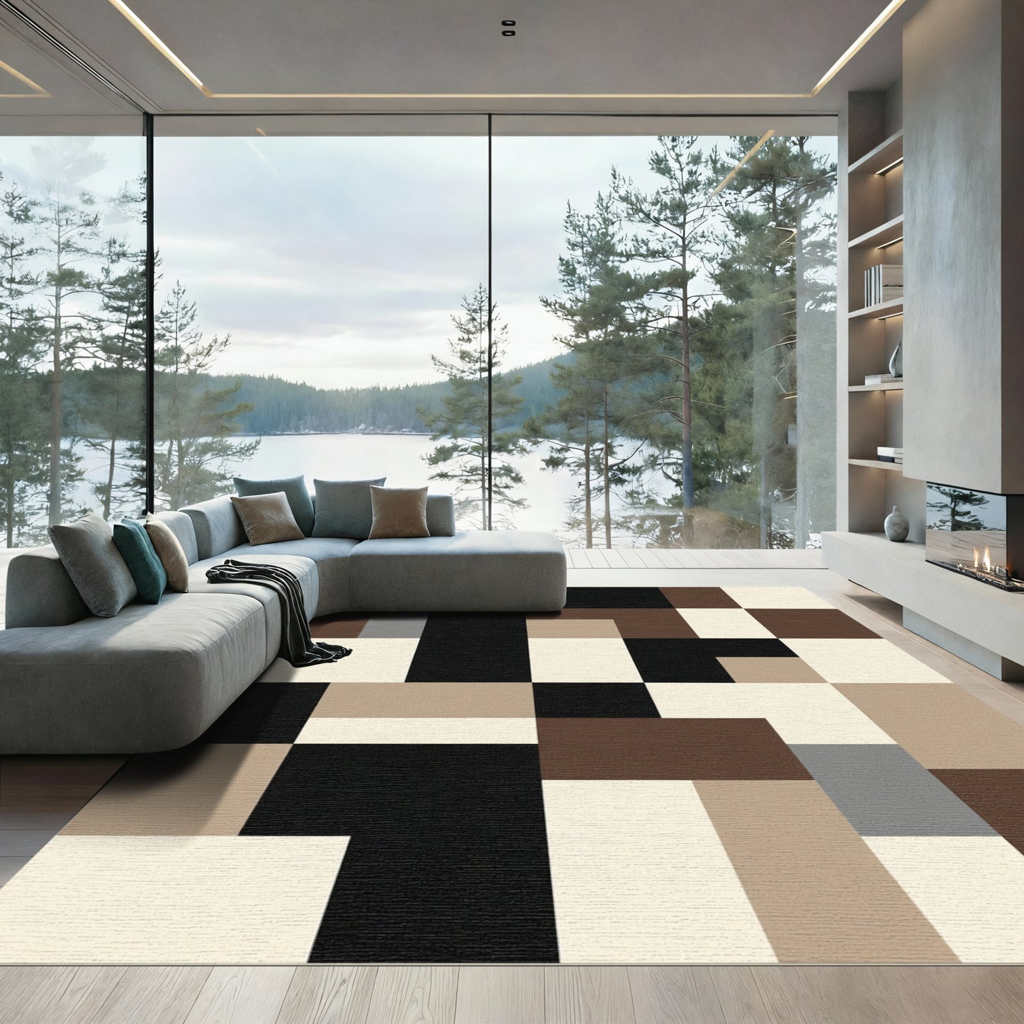 Modern Earthy Tone Geometric Blocks Rug