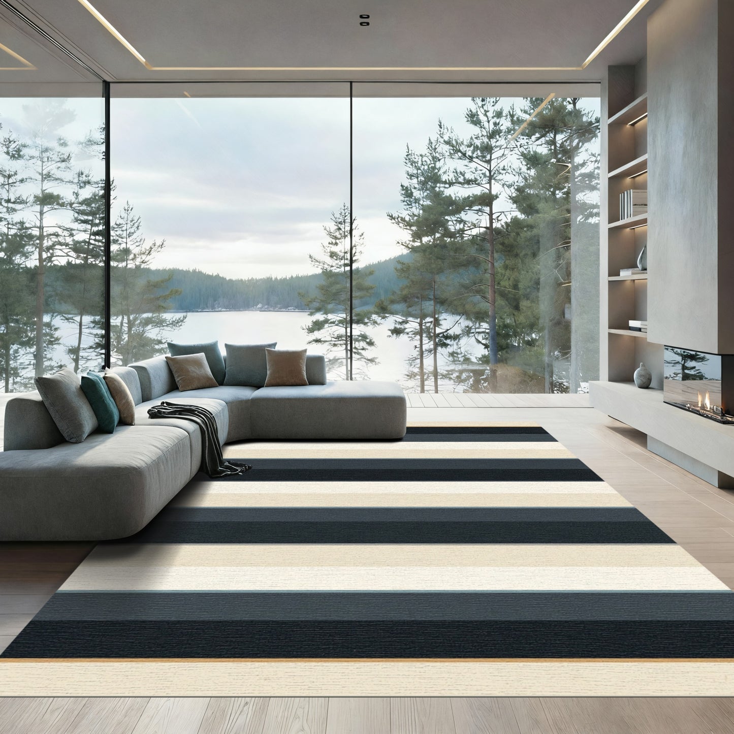 Deep Navy Cream Horizontal Stripe Rug