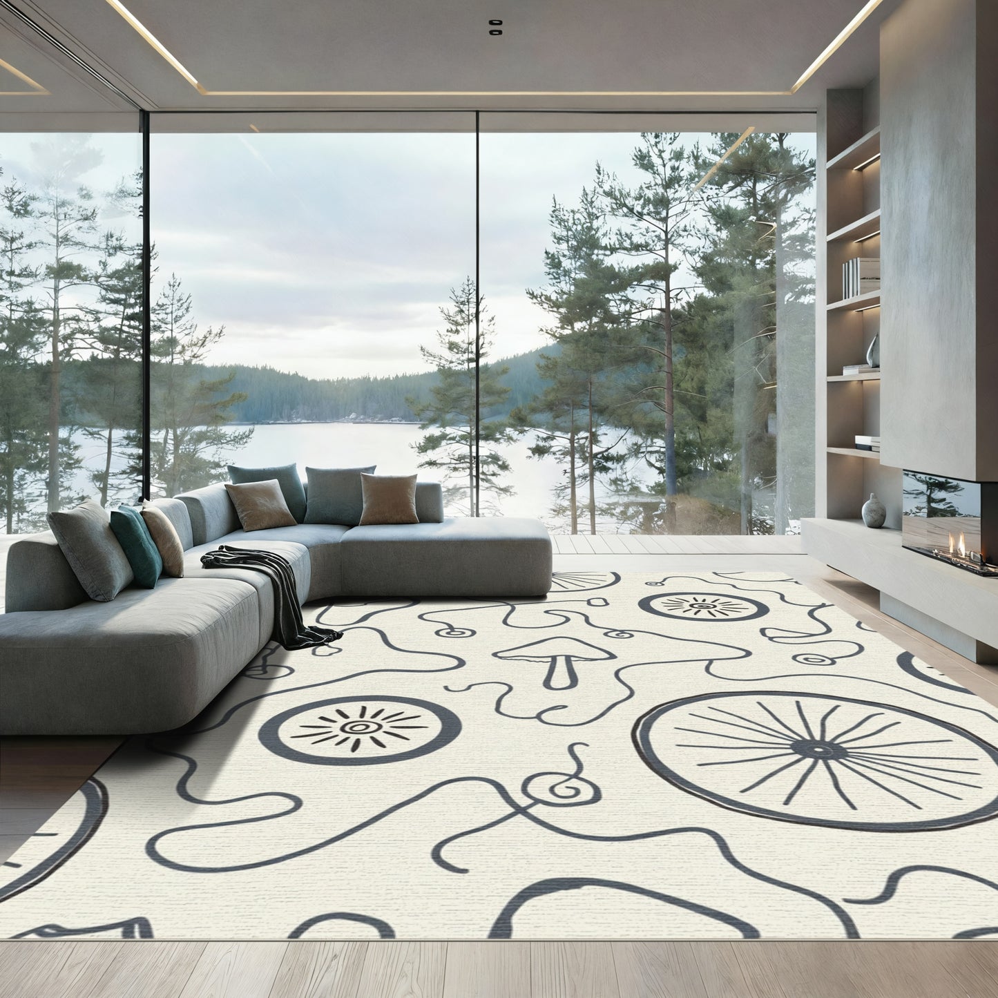 Cream Dark Mushroom Whimsical Wheel Rug