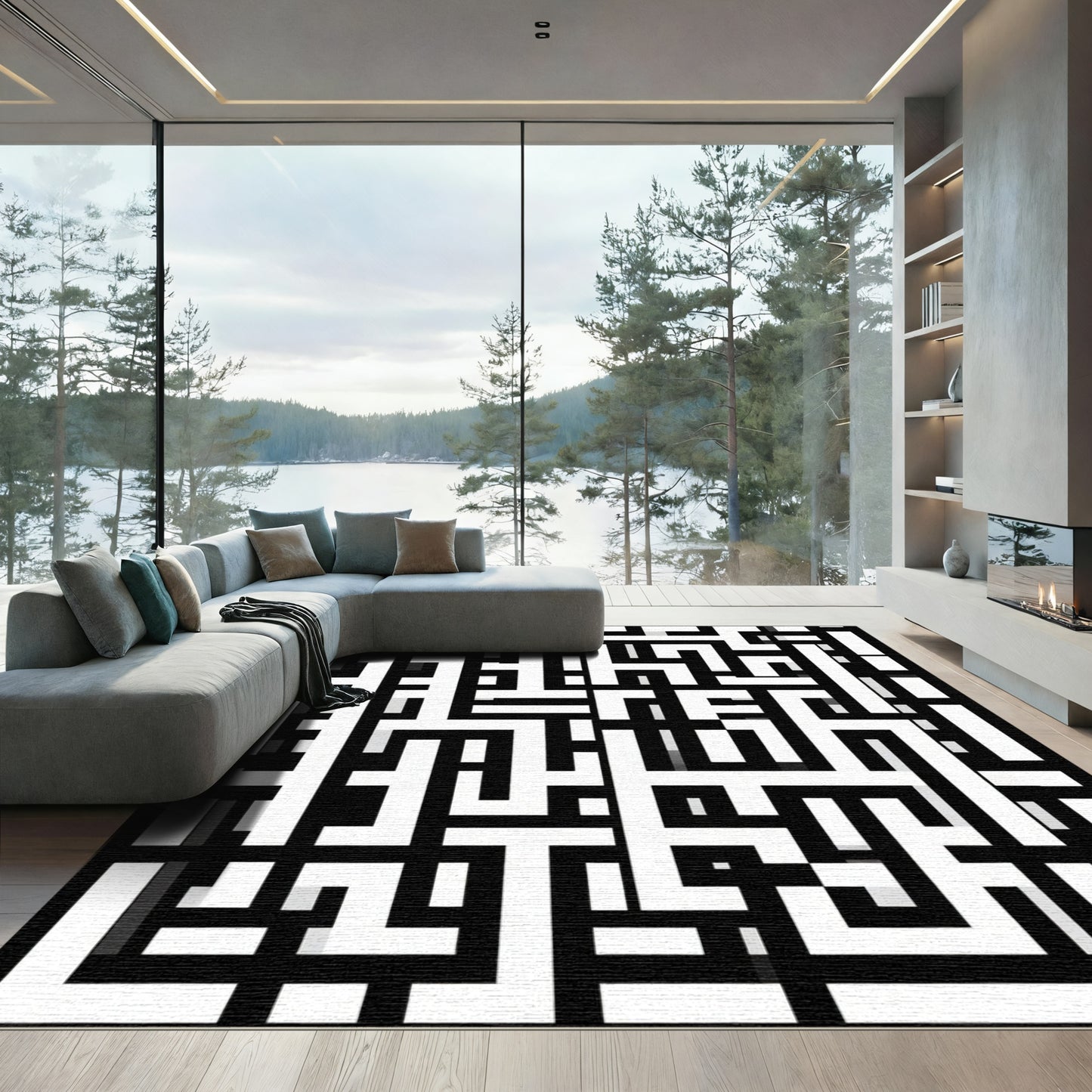 Bold Black White Interlocking Lines Rug