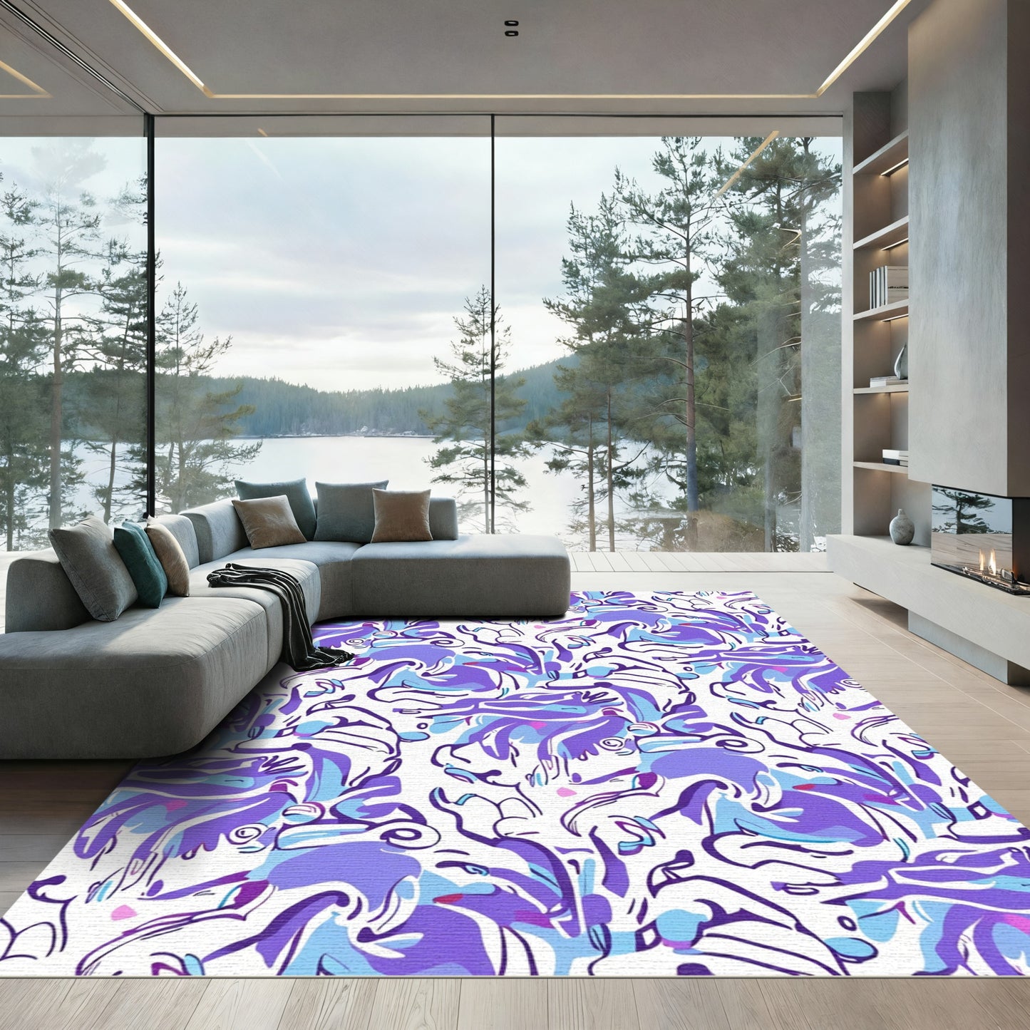 Purple Blue Abstract Whimsical Creatures Rug