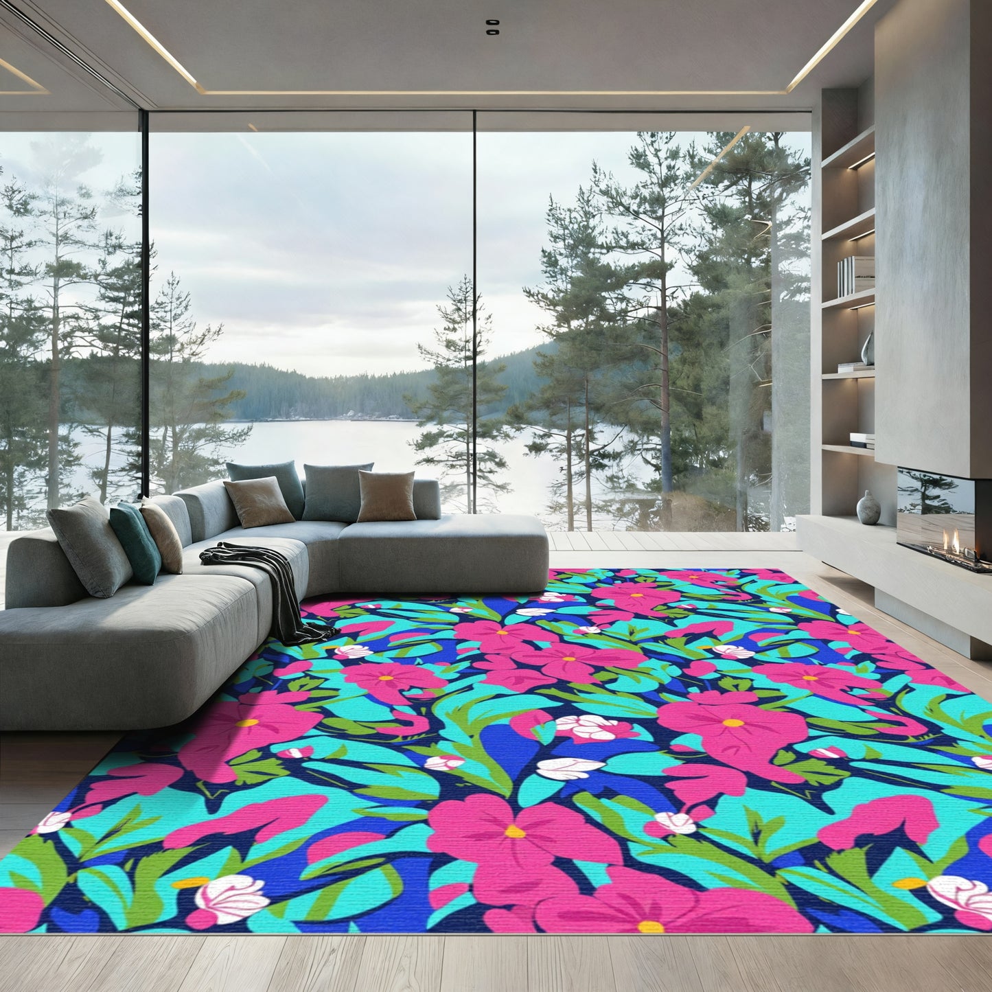 Vibrant Pink Floral Leaf Composition Rug