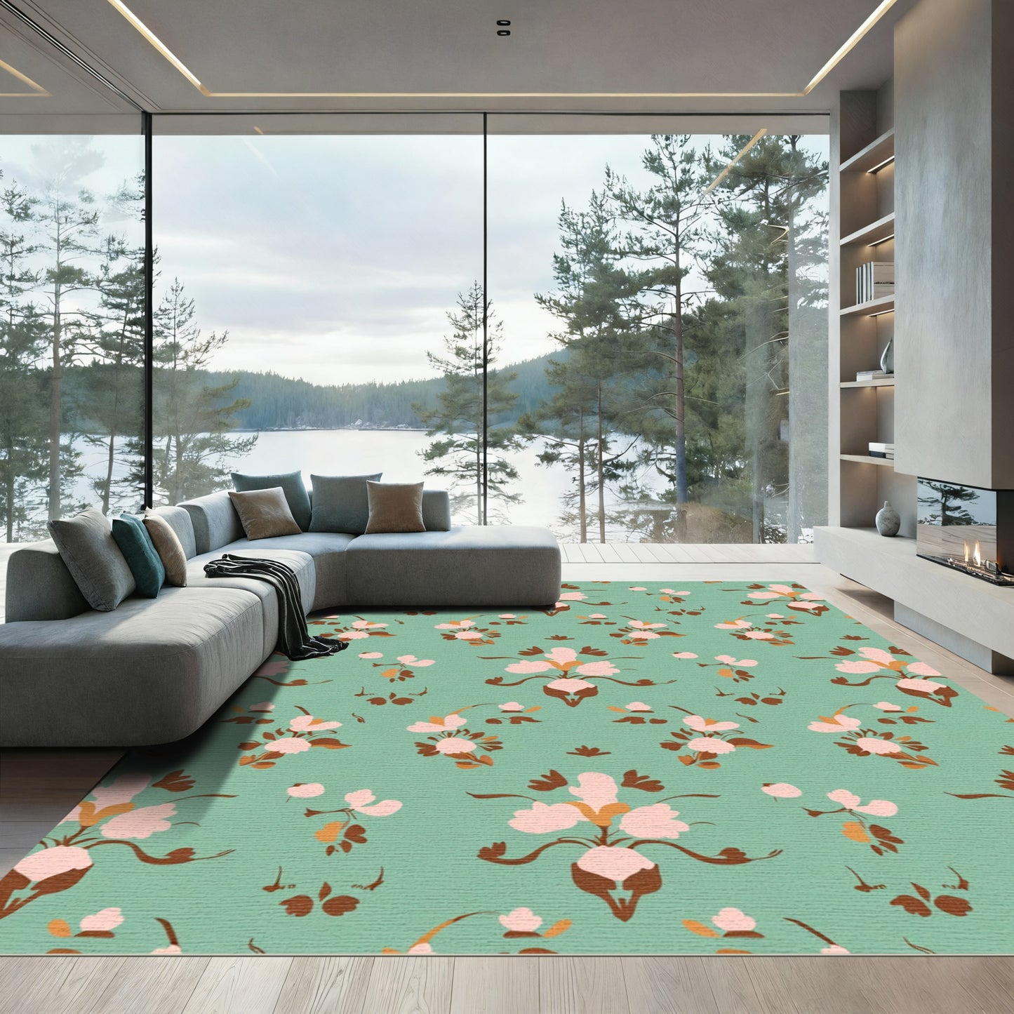 Teal Blush Floral Garland Rug