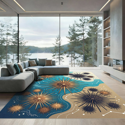 Celestial Sea Urchin Starry Teal Sand Composition Rug