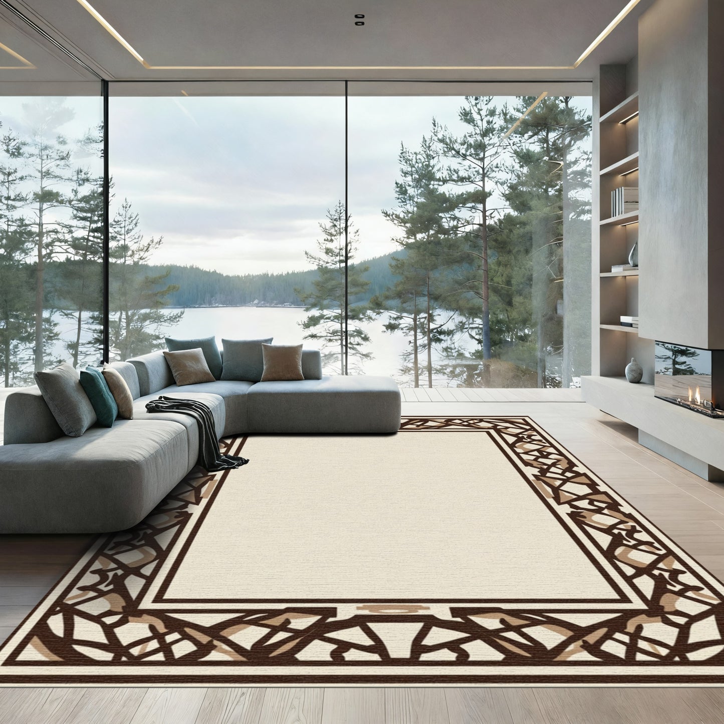 Brown White Geometric Interlocking Lattice Rug