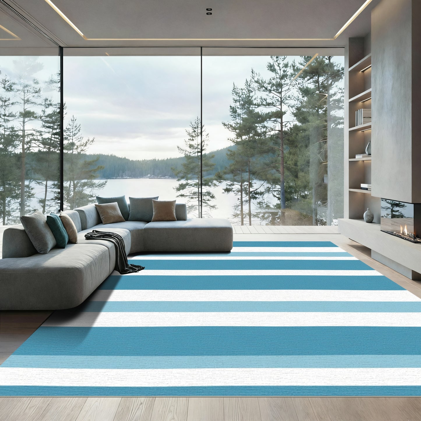 Coastal Blue and White Striped Rug