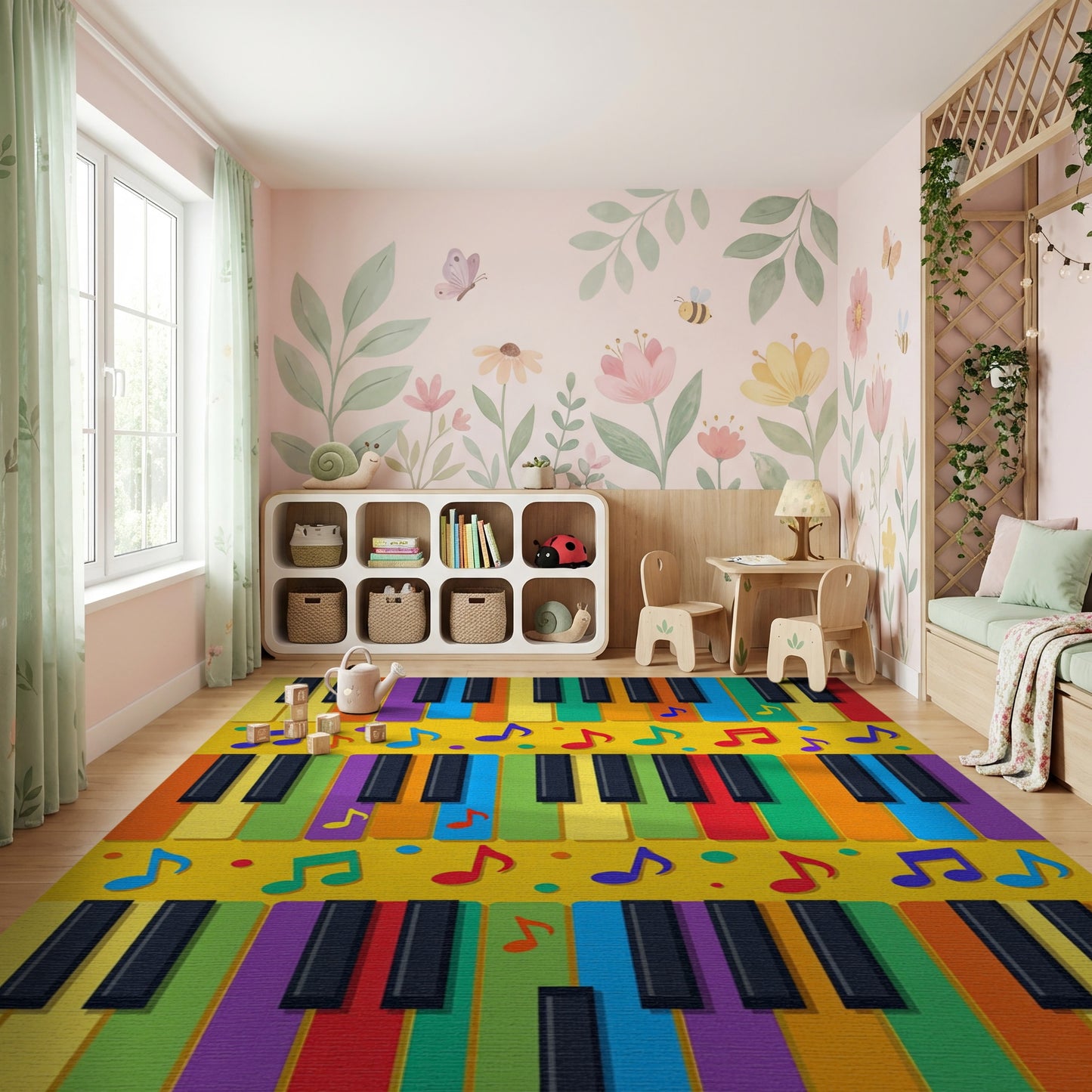 Vibrant Piano Keys Musical Notes Rug