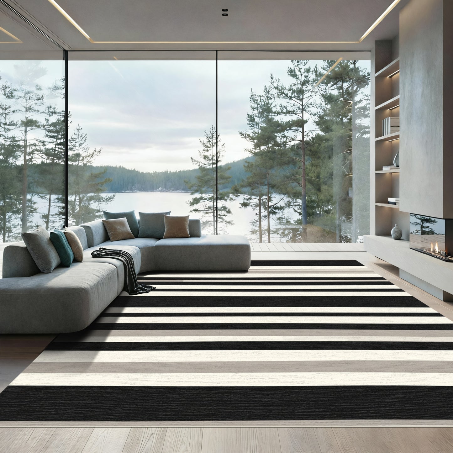 Modern Black Cream Wide Stripe Rug