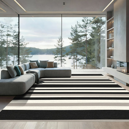 Modern Black Cream Wide Stripe Rug