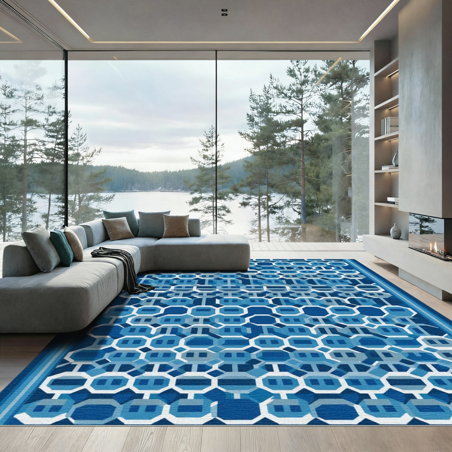 Deep Blue Geometric Lattice Rug