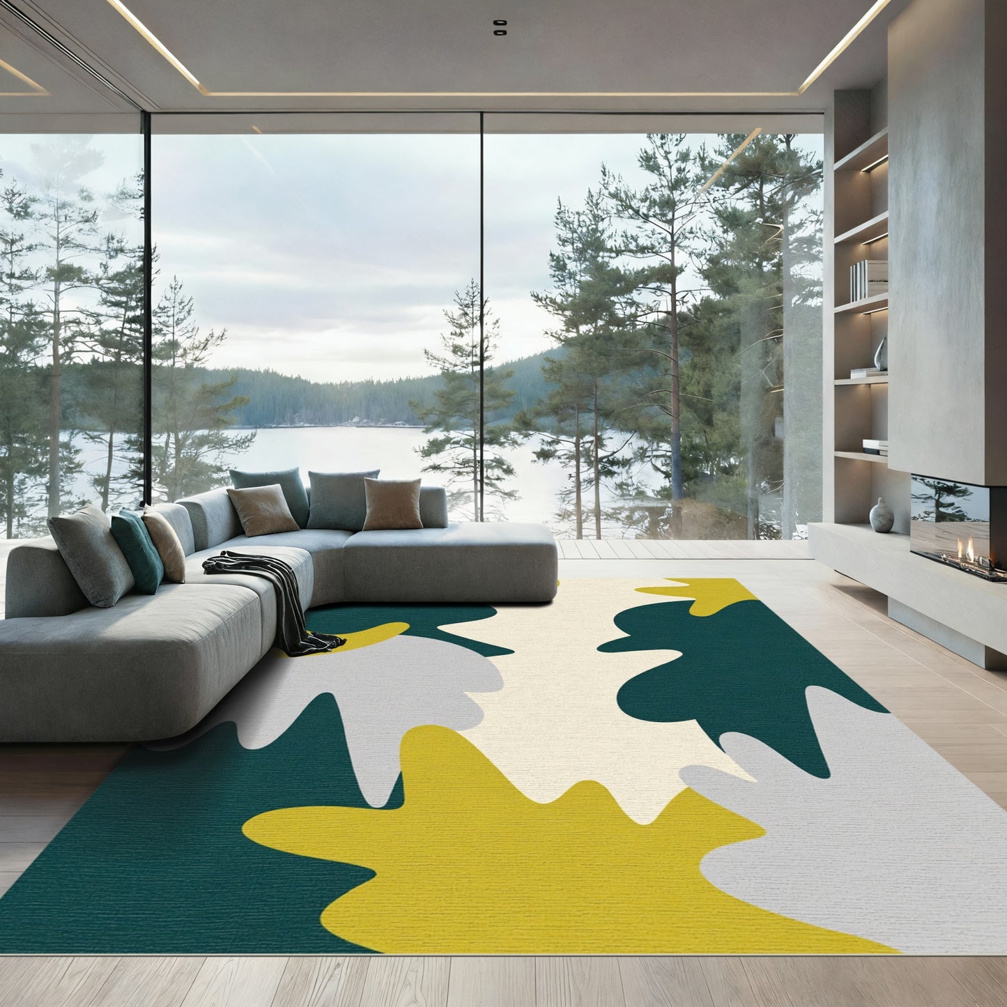 Modern Teal Yellow Organic Shapes Rug