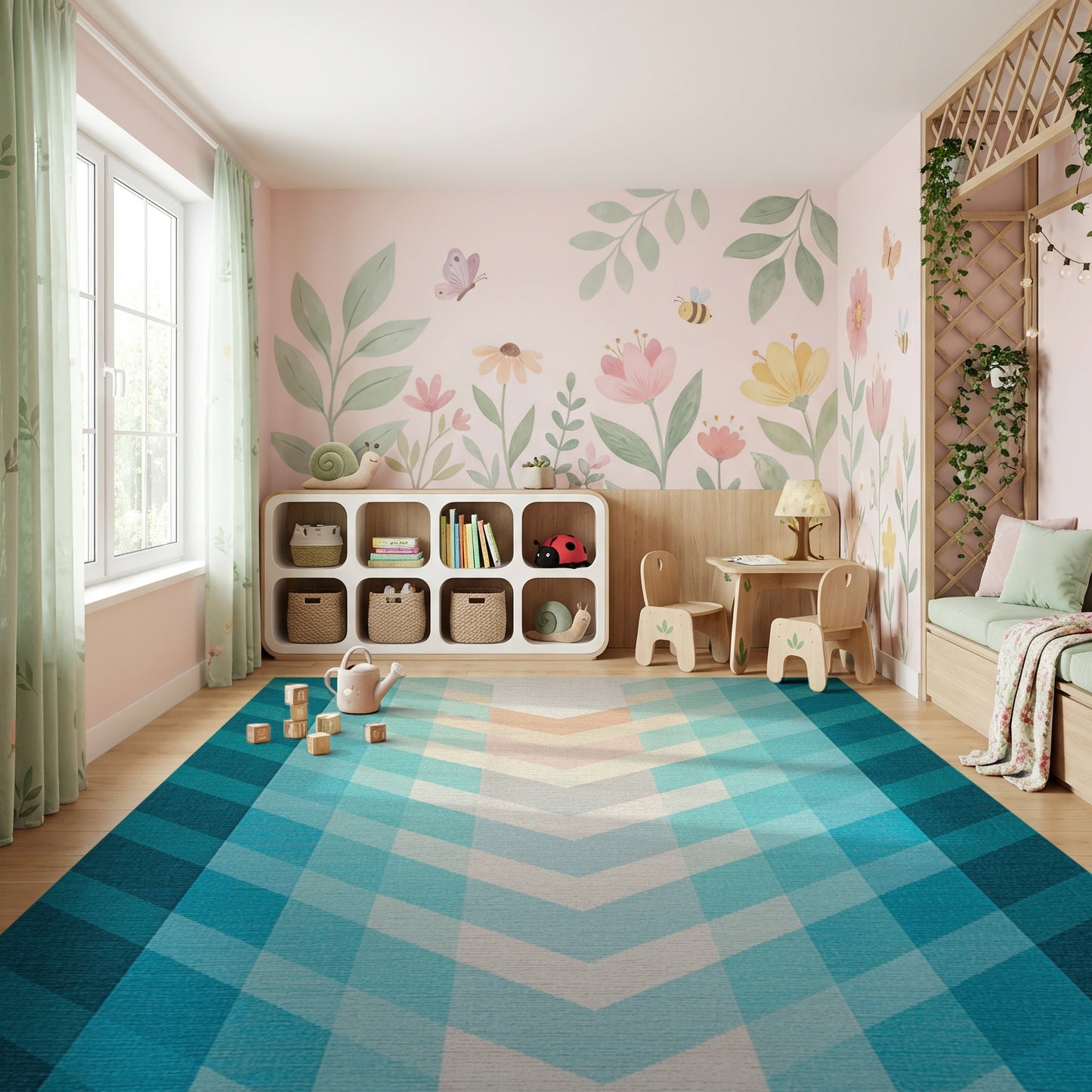 Modern Teal Chevron Gradient Rug
