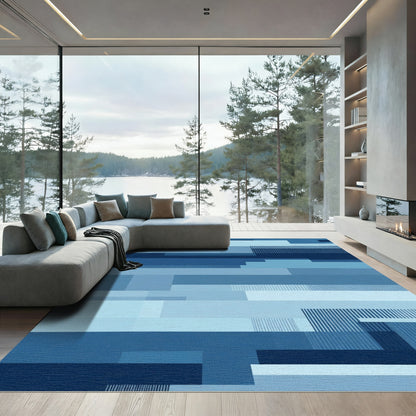 Indigo Blue Geometric Stripe Blocks Rug