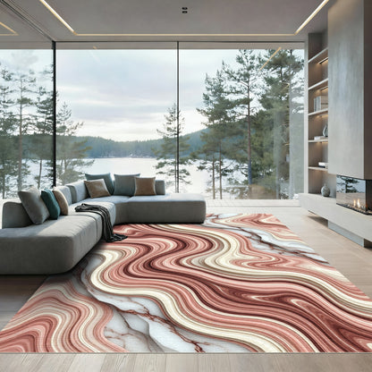 Abstract Blush And Cream Marble Swirl Rug