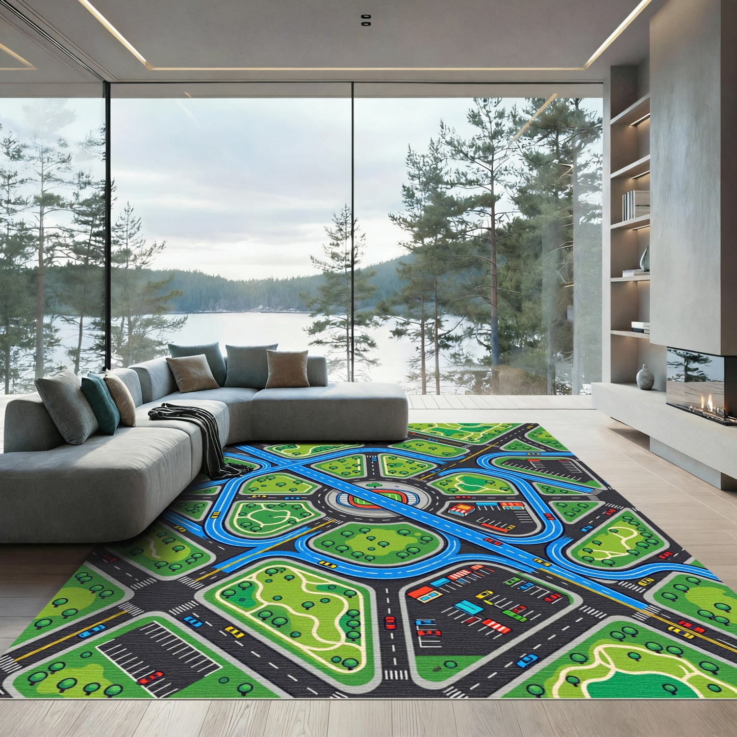 Modern Blue Road Network City Map Rug