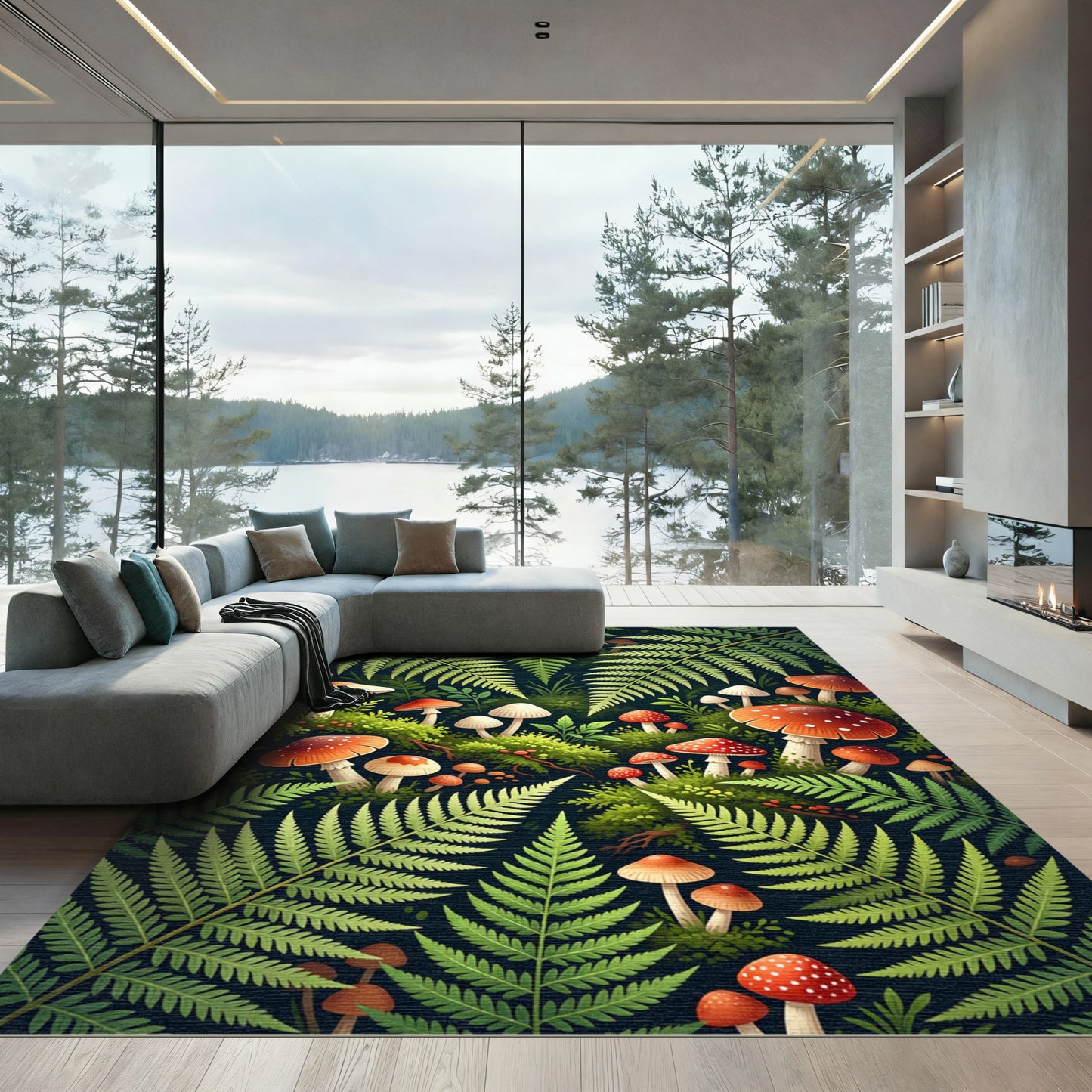Lush Fern And Mushroom Woodland Forest Rug