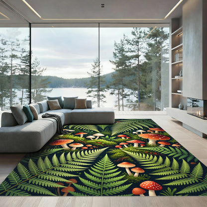 Lush Fern And Mushroom Woodland Forest Rug