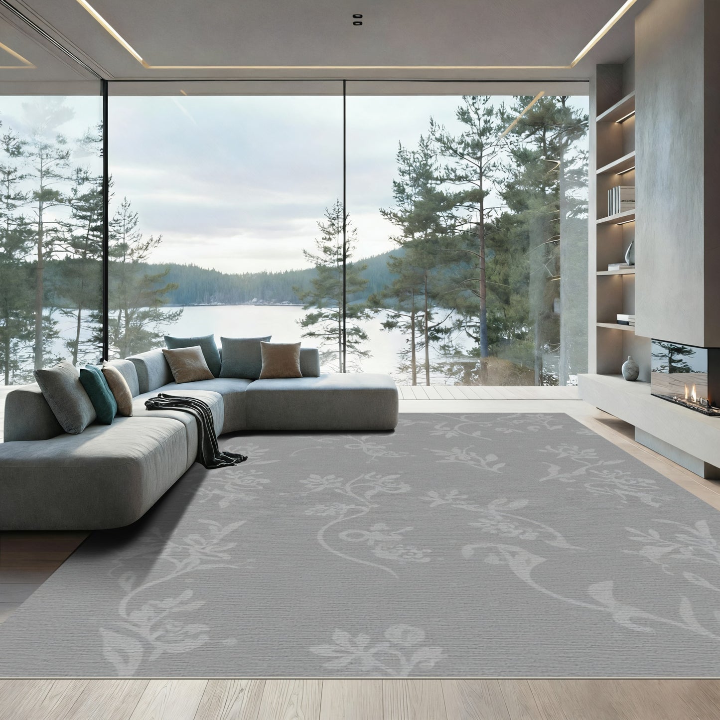 Light Gray Floral Vine Scroll Rug