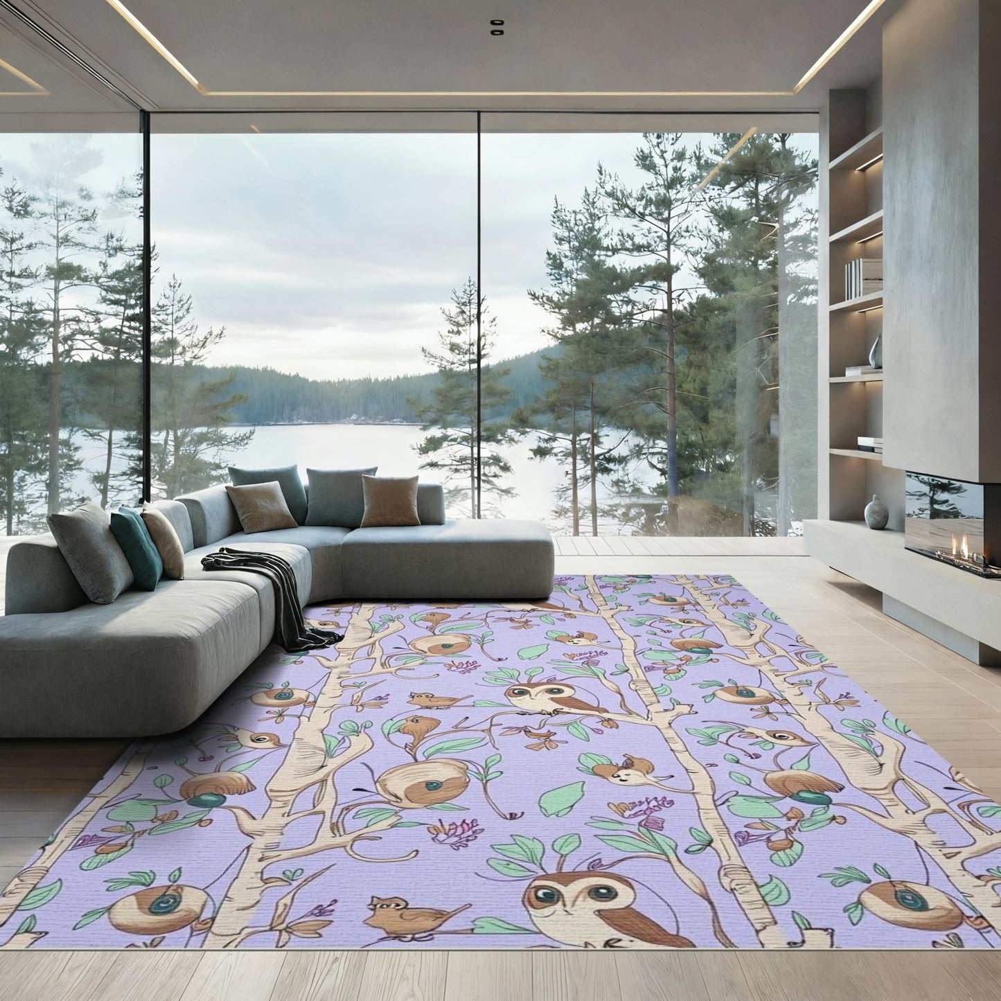 Whimsical Owl Woodland Periwinkle Rug