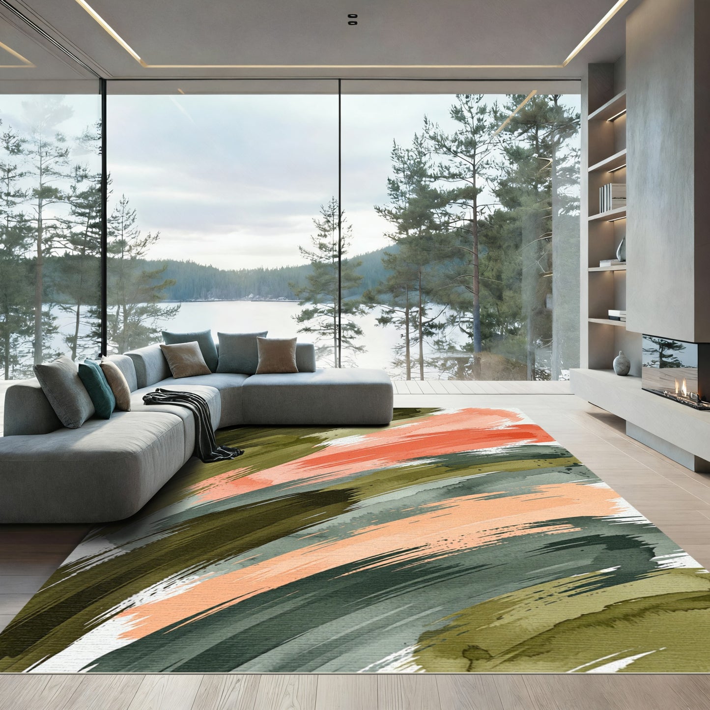 Abstract Olive and Terracotta Brush Strokes Rug