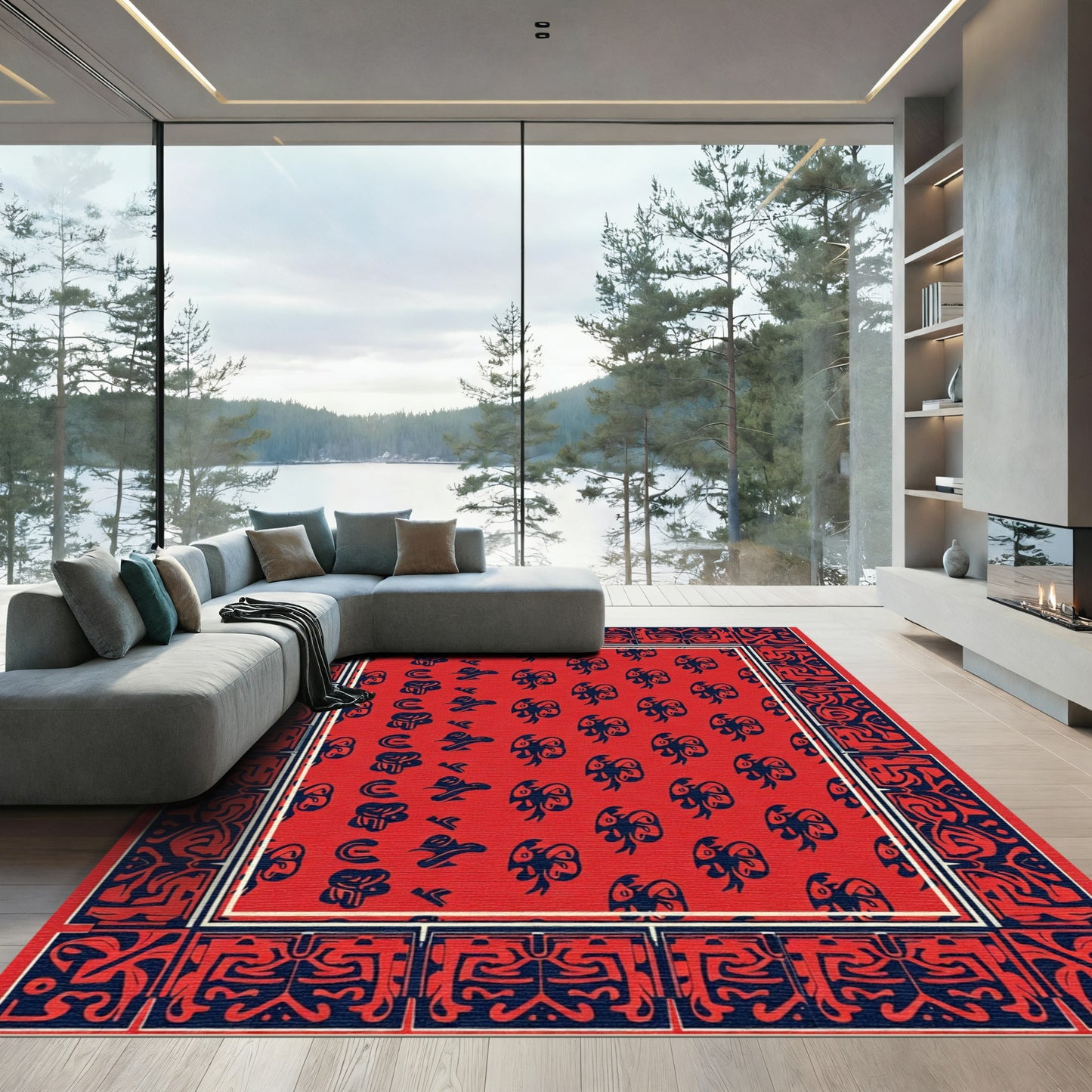 Bold Red Abstract Tribal Border Rugby Rug