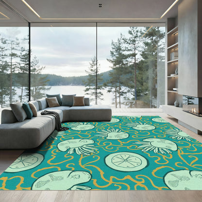 Teal Orange Swirl Citrus Botanical Rug
