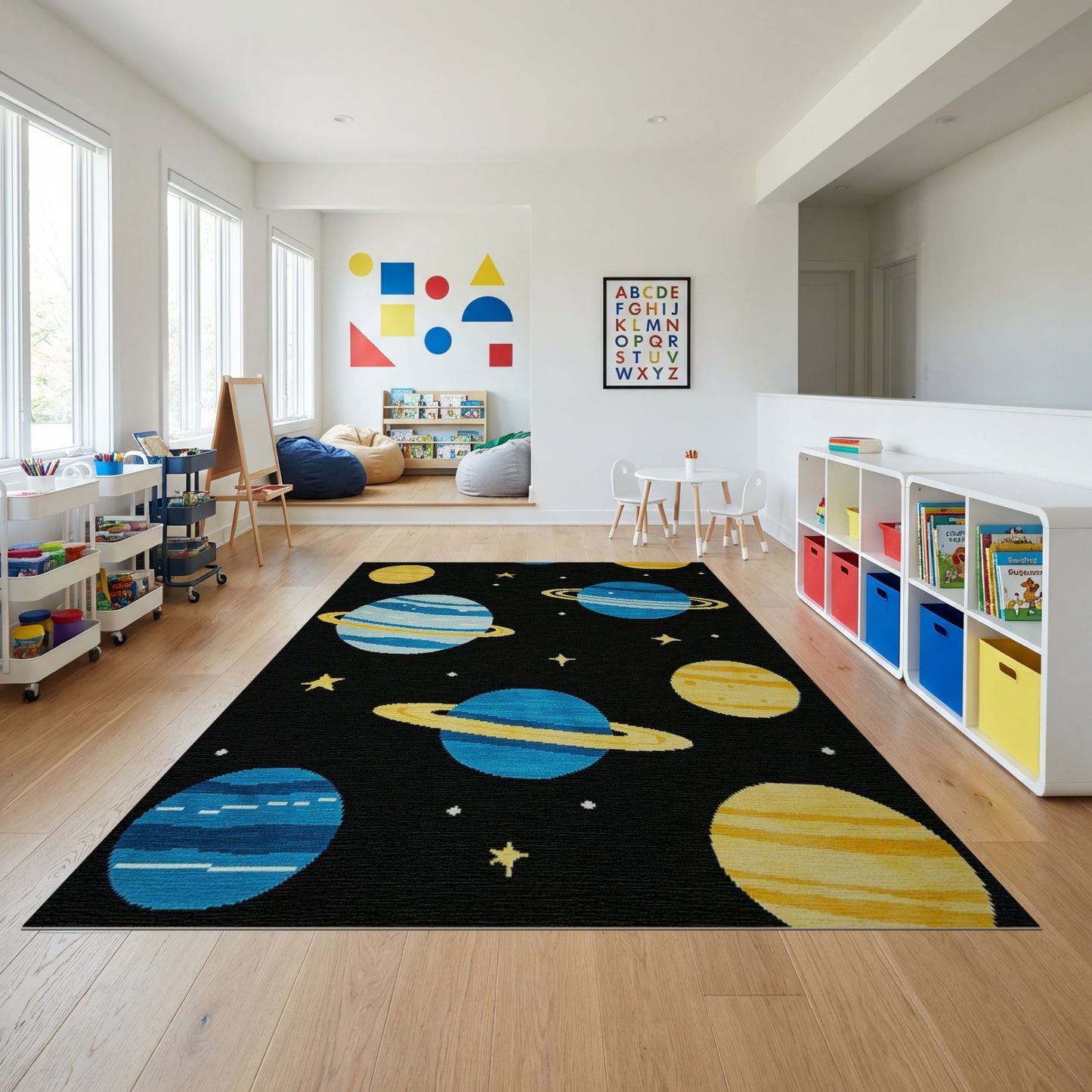 Whimsical Blue Yellow Planets Stars Rug