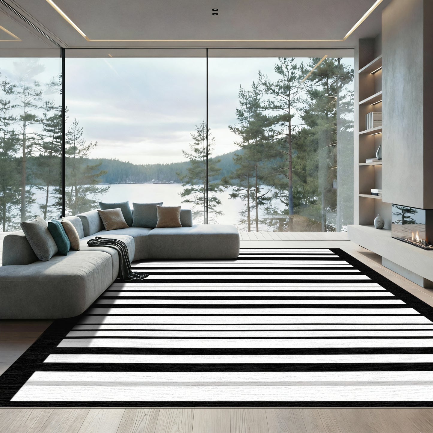 Modern Black White Gray Striped Rug